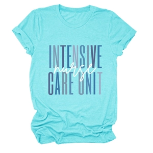 Short sleeve blue crew neck T-shirt with Intensive Care Unit Nurse printed graphic