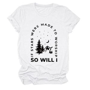 Detailed view of mountain and star print on white cotton crew neck graphic t-shirt
