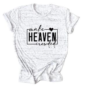 Close-up of heather white cotton t-shirt with black make HEAVEN crowded slogan print