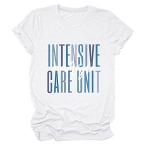 Close-up of Intensive Care Unit Nurse graphic print on white crew neck cotton t-shirt