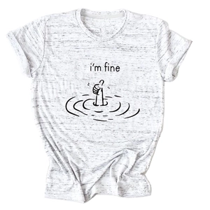 Detail of i'm fine print and drowning hand graphic on heather grey cotton T-shirt