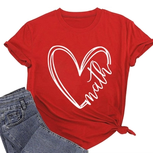 Detail of red cotton T-shirt featuring a heart-shaped math print with a round neck