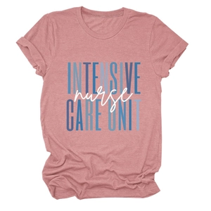 Detail of pink cotton T-shirt featuring Intensive Nurse Care Unit graphic print
