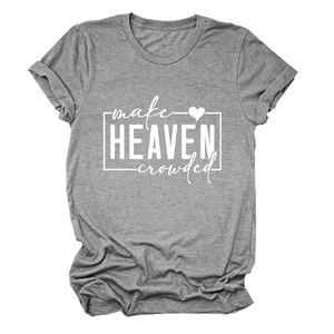 Close-up of white Make Heaven Crowded lettering on a gray cotton crewneck t-shirt