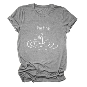 Detail of grey heather cotton T-shirt featuring 'I'm fine' print and thumb gesture