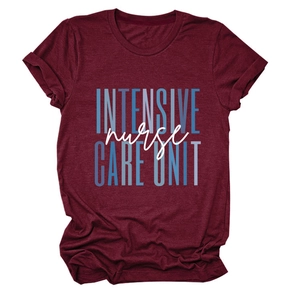Close-up of Intensive Nurse Care Unit text print on soft burgundy cotton t-shirt