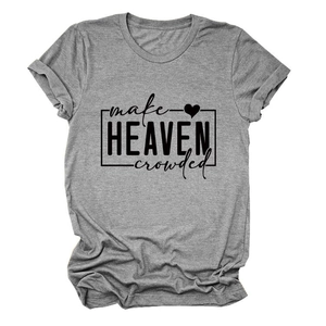 Detail of grey t-shirt featuring make HEAVEN crowded print and heart graphic design