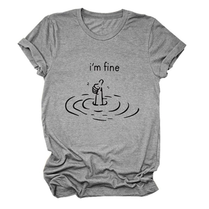 Detail of grey cotton T-shirt featuring minimalist i'm fine humor graphic print