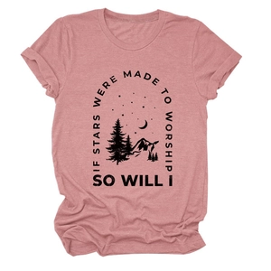 Dusky rose cotton T-shirt featuring nature mountain print and stars worship quote