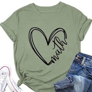 Detail of sage green T-shirt featuring a minimalist heart print and stylish front knot