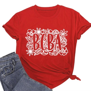 Detail of red crewneck T-shirt with BCBA floral print and stylish side knot design