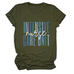Detail of olive green t-shirt with Intensive Care Unit nurse print on soft cotton fabric