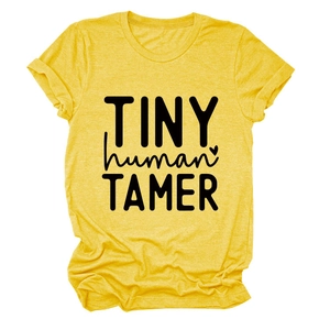 Detail of Tiny Human Tamer text on yellow heathered cotton short sleeve t-shirt