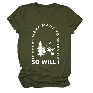 Close-up of olive green cotton T-shirt showing rolled sleeve detail and mountain print