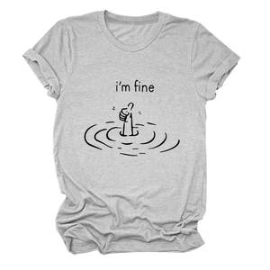 Detailed view of light gray cotton t-shirt featuring i'm fine graphic print and crew neck