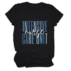 Detail of Intensive Care Unit Nurse graphic print on black cotton short sleeve t-shirt