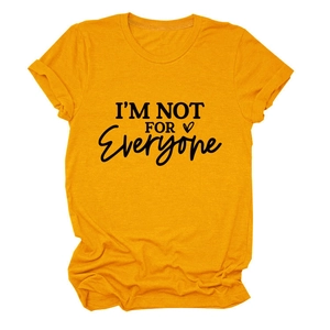 Detail of soft yellow cotton T-shirt featuring I'M NOT FOR EVERYONE text and heart print