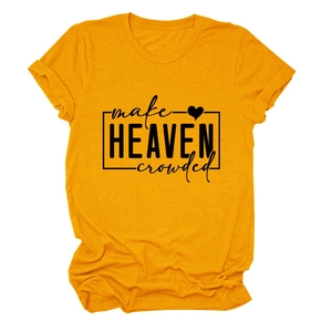 Close-up of mustard yellow cotton t-shirt with make heaven crowded art print