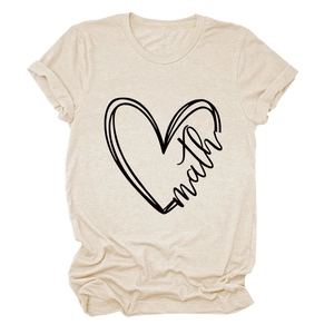 Close-up of minimalist heart and math print on apricot short-sleeve cotton T-shirt