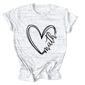 Detailed shot of rolled cuffs and math heart print on a grey heathered cotton T-shirt