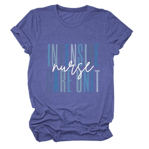 Detail of fabric texture and printed nurse intensive care unit logo on the crew neck tee