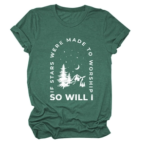 Detail of forest green T-shirt featuring stars and mountain print with inspirational text