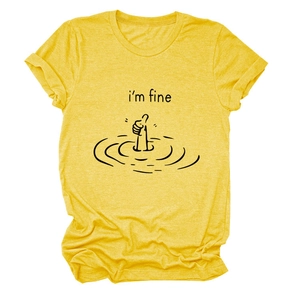 Detail of yellow cotton t-shirt featuring i'm fine text and hand gesture graphic