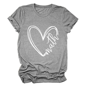 Detail of grey cotton T-shirt featuring a white hand-drawn heart and math graphic print