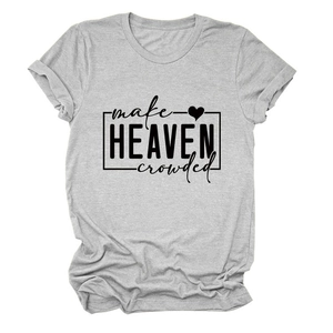 Detailed close-up of grey t-shirt fabric with black make HEAVEN crowded letter print