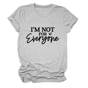 Detail of grey crewneck t-shirt featuring I'M NOT FOR EVERYONE text and heart print