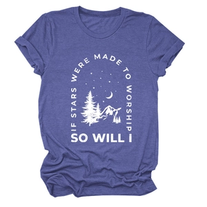 Detail of purple cotton T-shirt featuring white mountain and star night sky print
