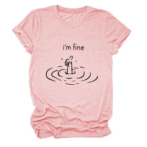Detail of pink cotton t-shirt featuring 'i'm fine' text and humorous hand graphic