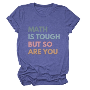 Detail of rolled sleeves and graphic text on purple heather math is tough T-shirt