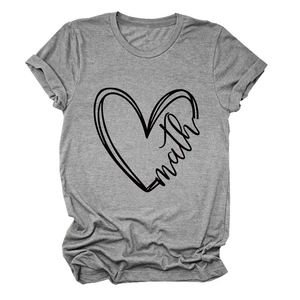 Detail of grey cotton T-shirt featuring a black heart graphic with math script lettering