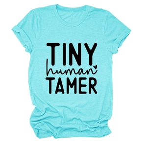 Detail of lake blue T-shirt featuring TINY HUMAN TAMER text and soft marl texture