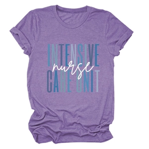 Close-up of Intensive Nurse Care Unit text print on a purple cotton t-shirt fabric