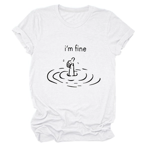 Detail of white cotton T-shirt featuring 'I'm fine' graphic and thumb up underwater print