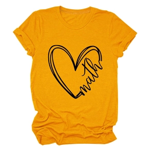 Detail of ginger yellow short-sleeve T-shirt with heart and math artistic print