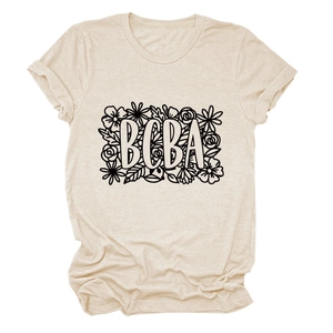 Detail of BCBA floral print and rolled sleeves on a beige crew neck short sleeve T-shirt