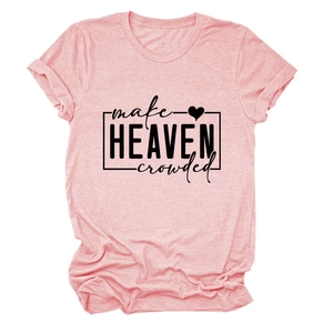 Detailed view of pink short-sleeve T-shirt with black make HEAVEN crowded letter print
