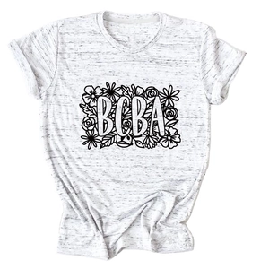 Detail of BCBA floral print on marl gray short sleeve T-shirt with cotton texture