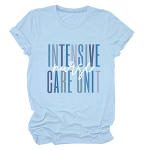 Detail of light blue nurse T-shirt with Intensive Care Unit lettering on soft cotton