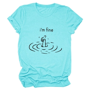 Detail of i'm fine graphic print and thumb gesture on light blue cotton t-shirt