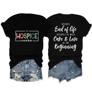 T-Shirt Femmes Manches Courtes Mélange Coton Col Rond Infirmière Soins Palliatifs Cœur Léopard Graphique Haut Été