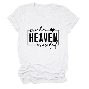 Close-up of white cotton T-shirt featuring black make HEAVEN crowded text and heart design