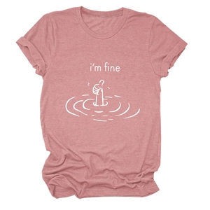 Detail of heather pink cotton t-shirt featuring funny I'm Fine graphic print and crew neck
