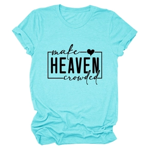 Detail of teal cotton T-shirt with black make HEAVEN crowded text print and rolled sleeves