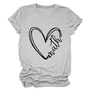 Detailed view of the soft cotton fabric and printed heart math design on a grey t-shirt