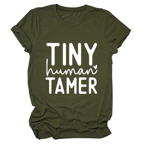 Detail of army green cotton T-shirt featuring white Tiny Human Tamer graphic print