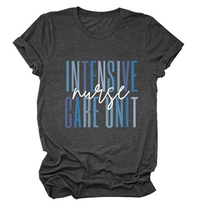 Detailed view of Intensive Care Unit Nurse text on dark grey round neck t-shirt